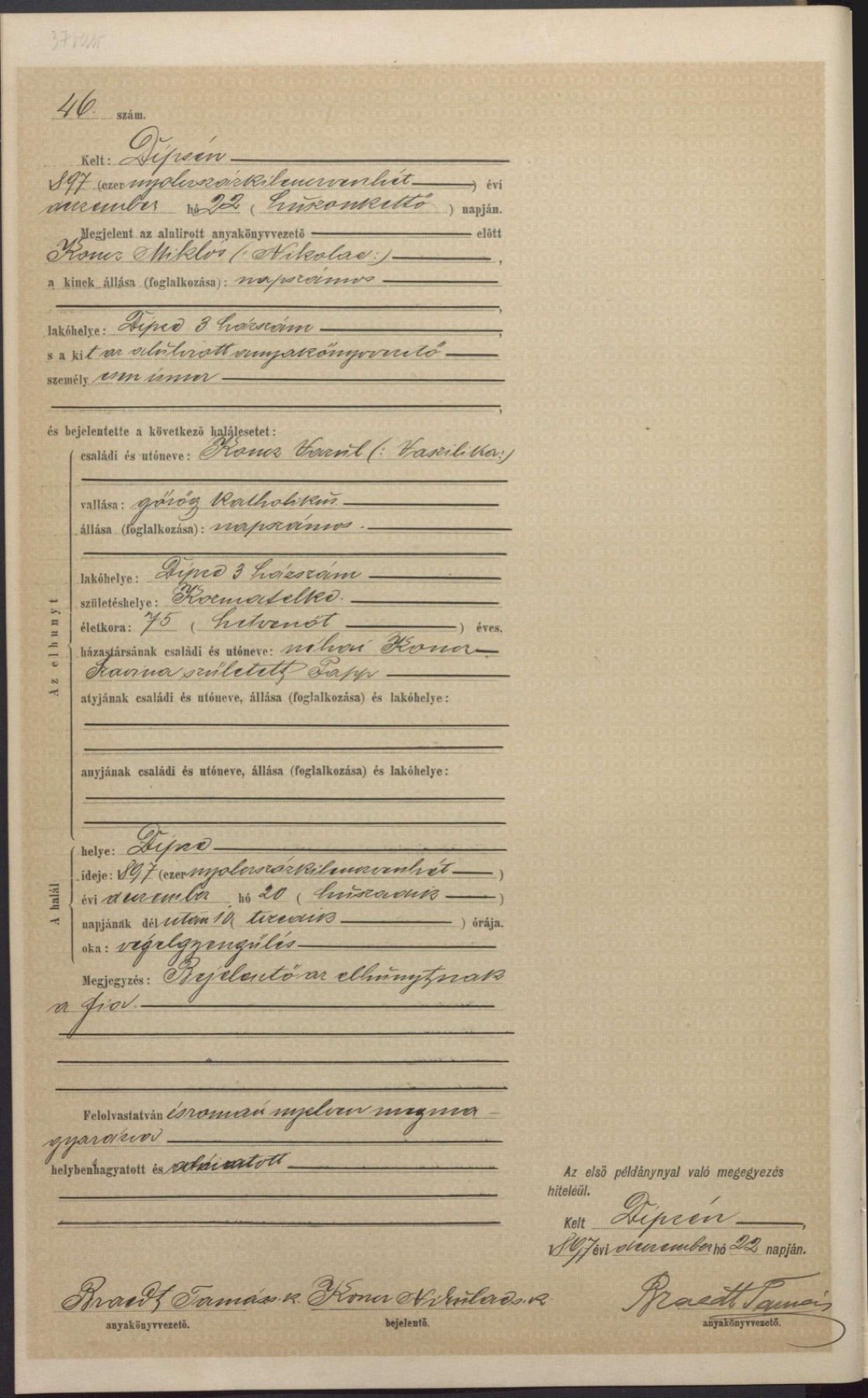 A handwritten Hungarian state civil register death act of 1897, printed form filled in by hand, with two clerks' signatures at the foot