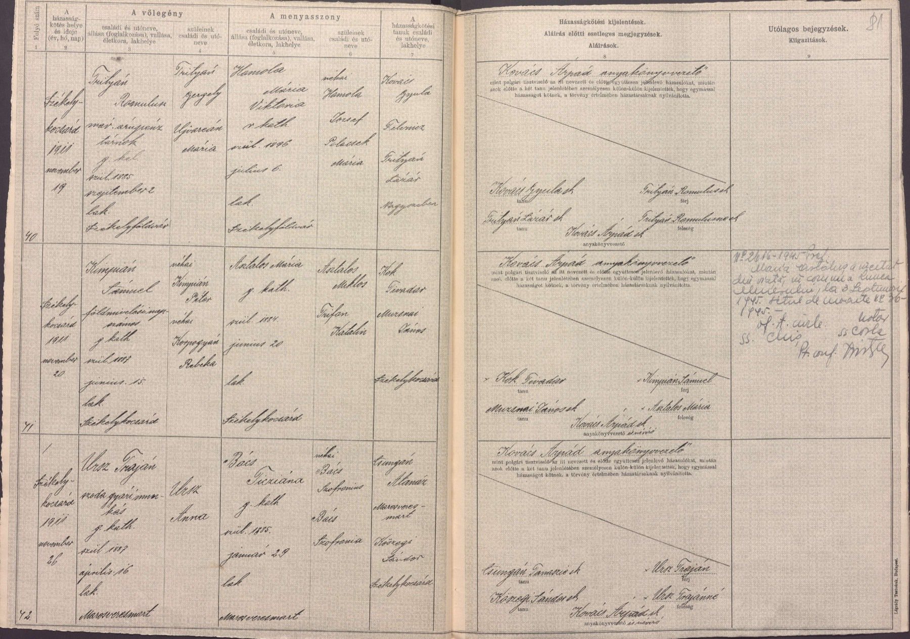 A tabular Hungarian marriage register spread of 1911, the top row filled in, with signatures in the right-hand columns