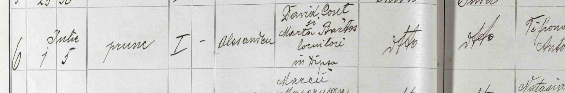 One ruled row of a Romanian Orthodox baptismal register of 1923, written in ink in a clear hand